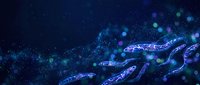 Microscopic sperm cells swimming through dark blue fluid with glowing particles and bokeh effects for medical and fertility education concepts.