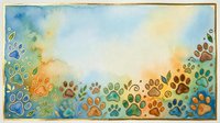 Watercolor painting featuring colorful paw prints in blue, orange, green and yellow tones arranged along bottom border with soft sky background. Suitable for pet-related designs, animal lovers' projects and greeting cards.