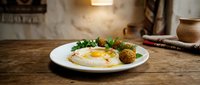 Gourmet breakfast plate with sunny side up eggs, crispy hash browns and fresh herbs on rustic wooden table in warm kitchen setting for culinary content.