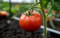Fresh ripe red tomato growing on vine in greenhouse garden with green leaves and stem ready for harvest in organic farming agriculture production.