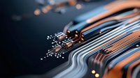 Macro view of electronic circuit board with copper traces and components in orange and blue tones creating abstract technological pattern. Modern tech background.