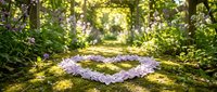 Romantic heart shape made of purple flower petals on moss-covered stone path in enchanted garden with dappled sunlight filtering through lush green foliage.