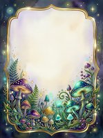Enchanted forest frame with magical mushrooms, glowing plants, and golden ornate border on starry night background, perfect for fantasy invitations and mystical designs.