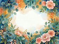 Watercolor floral frame with pink roses, blue peonies, and golden berries on a soft background with copy space for text.
