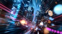 Modern cityscape with motion blur effect showing illuminated skyscrapers at night with vibrant neon lights and dynamic speed lines creating futuristic urban atmosphere.
