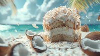 Layered coconut cake with cream filling surrounded by fresh coconuts and flying shavings on tropical beach background. Dynamic food photography with splash effect.