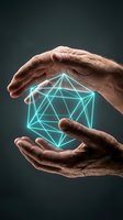 Mature male hands holding glowing turquoise geometric network structure against dark background, representing digital connectivity, data protection, technology innovation and business solutions.
