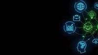 Digital technology network with glowing blue and green icons including globe, brain, charts, and gears on dark background for business presentations.