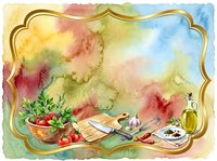 Watercolor cooking scene with fresh vegetables, herbs, olive oil bottle, and kitchen utensils on ornate gold frame border. Soft pastel background.