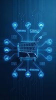 Glowing shopping cart connected to digital circuit network with data nodes, AI analytics, and secure transaction icons on blue tech background.