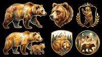 Brown bear watercolor clipart set with six elements isolated on transparent background, ready for stickers, t-shirt design, print on demand, and sublimation.