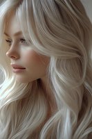 Young Caucasian woman with platinum blonde wavy hair in profile view showing natural makeup and flawless skin. Soft lighting creates ethereal beauty portrait.