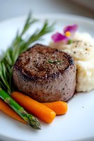 Juicy grilled beef tenderloin steak served with baby carrots, asparagus, mashed potatoes and fresh rosemary garnish on white plate, fine dining presentation.