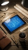 Digital tablet displaying architectural blueprint on wooden desk with drafting tools, rolled papers, coffee cup and desk lamp for construction planning.