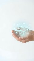 Hands holding digital holographic building blueprint with glowing architectural wireframe and technology interface elements for real estate and construction projects.