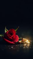 Red rose with water droplets and golden wedding rings on dark background with bokeh lights for romantic occasions and marriage proposals.