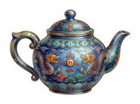 Ornate teapot with blue enamel finish, gold accents, and traditional Asian dragon motifs. Isolated on white background, ready for design projects, merchandise, and decorative applications.