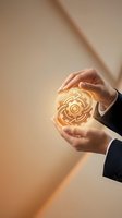Businessperson holding glowing gear icon symbolizing innovation, technology, and strategic planning for corporate solutions and digital transformation concepts.