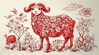 Red decorative ram with ornate swirling wool pattern stands among floral elements and branches in Asian artistic style. Traditional lunar new year celebration artwork.