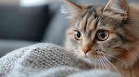 Close up portrait of fluffy ginger cat with bright eyes resting on gray knitted blanket. Soft focus pet photography creates cozy domestic atmosphere.