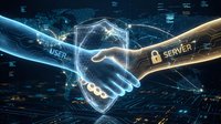 Digital handshake between user and server with cybersecurity shield protection, network connections and data encryption technology concept.
