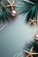 Tropical palm leaves frame rose gold starfish and pearl ornaments on soft teal background, creating elegant coastal holiday mood for luxury design projects.