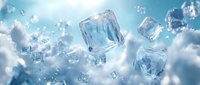 Frozen ice cubes floating in cool misty air against light blue background, macro photography with water drops and bokeh effect creating fresh cooling atmosphere.