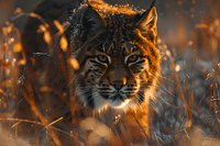 Majestic lynx portrait in winter forest during golden sunset, close up view of wild cat face with distinctive ear tufts among snowy branches with bokeh light effects.