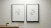 Minimalist botanical line art prints in black frames hanging on neutral wall above wooden shelf with small succulent plant for modern home decor.
