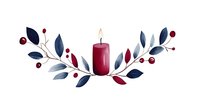 Burgundy candle surrounded by watercolor winter foliage arrangement with blue leaves and red berries, creating elegant holiday decor composition.