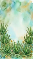 Watercolor succulent garden frame with aloe vera plants and small flowers on soft green blue background for botanical design projects.
