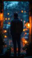 Man silhouetted against rainy window with glowing orange lights and moody blue twilight atmosphere, creating contemplative scene perfect for emotional storytelling.