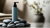 Minimalist spa composition with blue cosmetic bottle on smooth grey stones against blurred background. Wellness and skincare concept for beauty industry.