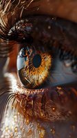 Extreme macro photography of brown human eye with intricate iris detail, long eyelashes, and water droplets creating artistic reflection. Suitable for medical or beauty industry.