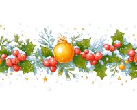 Festive Christmas garland with holly berries, golden ornament, and decorative elements on white background for holiday greeting cards and designs.