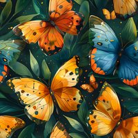 Orange and blue butterflies with dark spots flying among green tropical leaves against dark background, magical glowing particles create enchanting atmosphere.