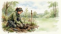 Young woman gardener planting tree sapling in spring landscape. Environmental conservation, reforestation and sustainable agriculture concept for Earth Day campaigns.