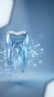 Transparent tooth anatomy with digital network connections and glowing particles on blue medical background for dental technology concepts.