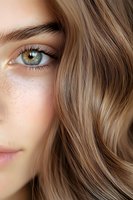 Close-up portrait showing bright green eye, natural freckles, and wavy light brown hair against neutral background, highlighting natural beauty and flawless skin texture.