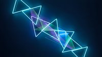 Glowing neon triangles with cyan and purple light trails on dark background, suitable for tech, gaming, and digital design projects.
