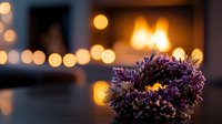 Purple dried flower wreath with warm glowing bokeh lights in background creates cozy autumn or winter holiday atmosphere, perfect for seasonal decorative designs.