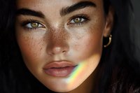 Close up portrait of young woman with freckles and green eyes in dramatic lighting with rainbow prism effect on face, dark hair and natural makeup look.