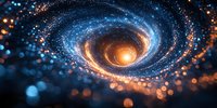 Luminous spiral of glowing particles forming cosmic vortex with orange and blue light effects against dark background, creating mesmerizing space atmosphere.