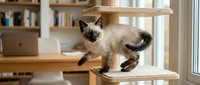 Siamese cat with dark points standing on wooden cat tree shelf in bright modern home interior with natural light and shelving.