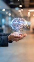 Businessman hand holding glowing holographic brain with neural connections in modern office environment for AI technology and innovation concepts.