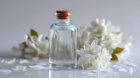 Glass bottle with cork stopper surrounded by delicate white jasmine flowers on light background, creating serene spa or aromatherapy composition.