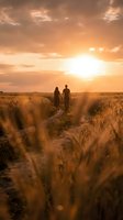 Romantic couple walking hand in hand through golden wheat field at sunset with warm orange sky and dramatic clouds creating peaceful countryside atmosphere.