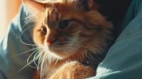 Ginger cat with long fur resting on soft turquoise bedding in warm sunlight, whiskers highlighted against natural window lighting, creating cozy home atmosphere.