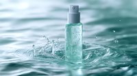 Refreshing mint-colored cosmetic spray bottle with transparent gel splashing in clear water, showcasing hydration and purity for skincare advertising.