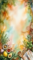 Watercolor cooking background with fresh herbs, vegetables, and kitchen utensils arranged on soft pastel wash, ideal for culinary blogs, recipe websites, and food-related designs.